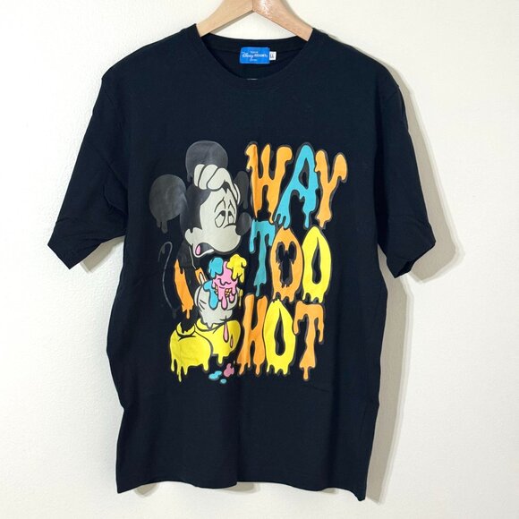 Tokyo Disney Resort Way Too Hot Melting Mickey Mouse Black T-Shirt Graphic Tee - Picture 1 of 7